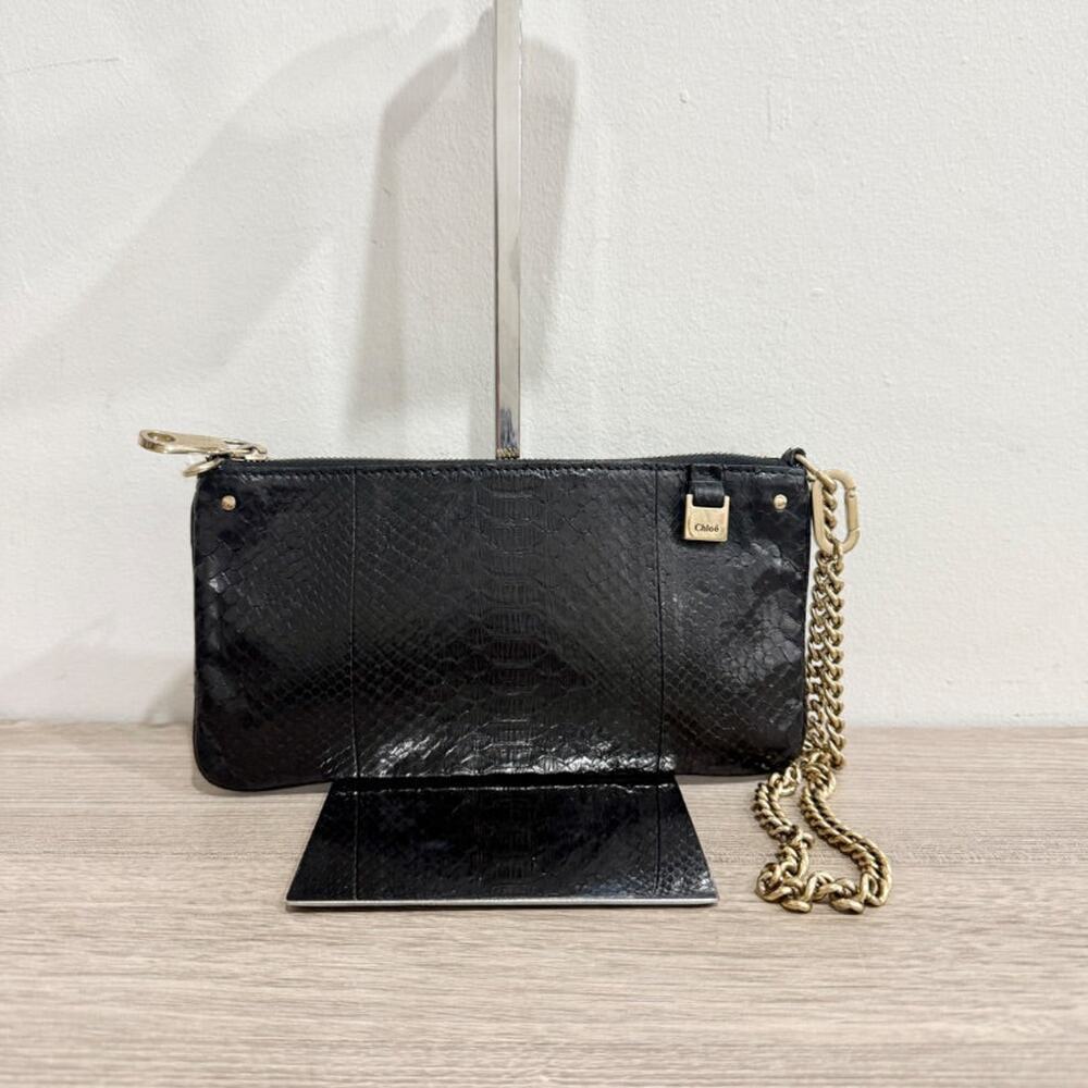 Chloe Snake Embossed Black Leather Chain Wristlet Small Pouch Clutch Handbag
